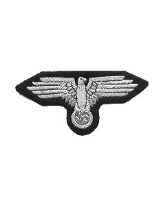 RSE99.Waffen SS officers sleeve eagle.Silver bullion and wire on black. Each row of the wing is embroidered seperately with fine aluminum wire.  Our best broad wing eagle.