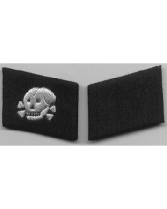 RSE21.Waffen SS EM-NCO skull collar tabs.Hand embroidered white thread on black.Skull facing to the rear.